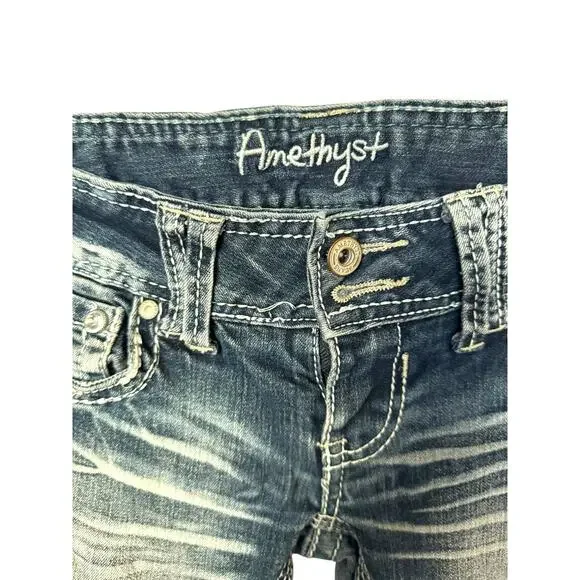 Amethyst Women’s 1 Bootcut Jeans Blue Distressed Faded Mid-Rise Stretch Denim - Picture 2 of 6